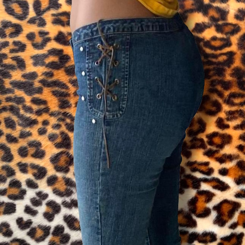 Y2K low rise denim brown lace up side coyote ugly cowgirl flare boot cut…